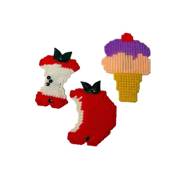Handmade Vintage 1980s Plastic Cross Stitch Magnets Apple Ice Cream Cone Lot of - Picture 2 of 7